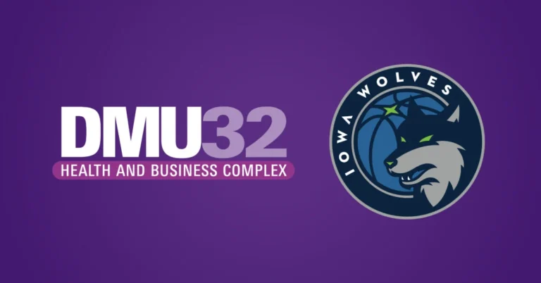 Graphic with DMU32 logo and Iowa Wolves logo